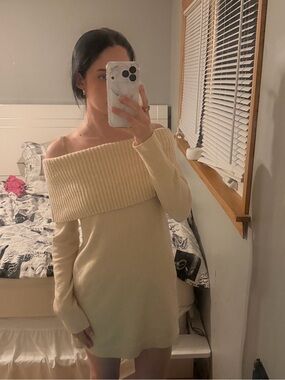 Express Cream Off-the-Shoulder Ribbed Neck Sweater Dress